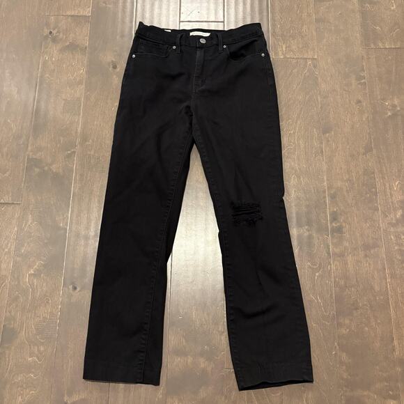 Levi’s Premium 724 High Rise Straight Jeans 28 Black Distressed Knee Hemmed 26” - Picture 1 of 16
